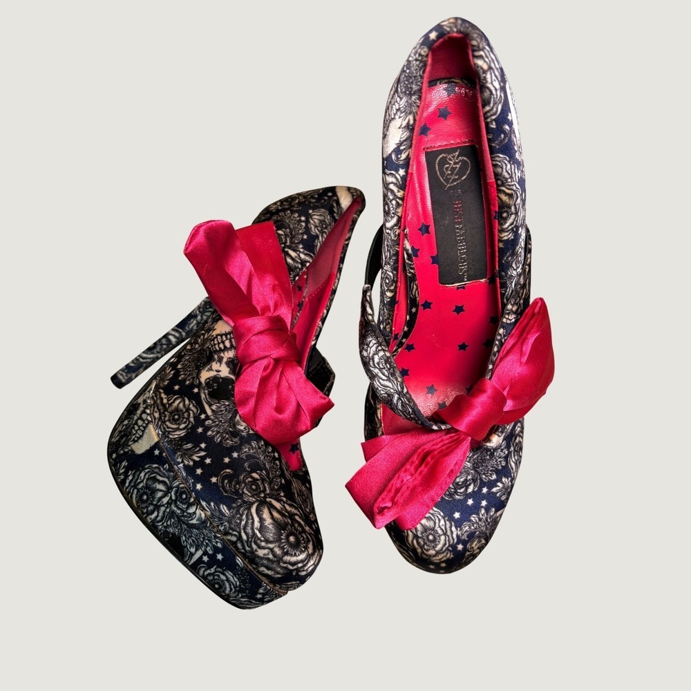 Y2K Iron Fist Floral Skull Print Platform Scene Pumps Bow Stiletto Heels